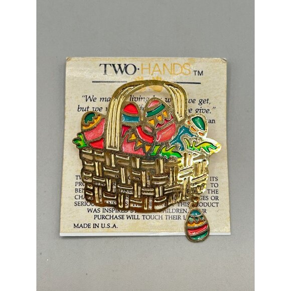 Vintage Easter Basket Pin Brooch Two Hands Brand Gold Tone Enamel Made In USA - Picture 2 of 6